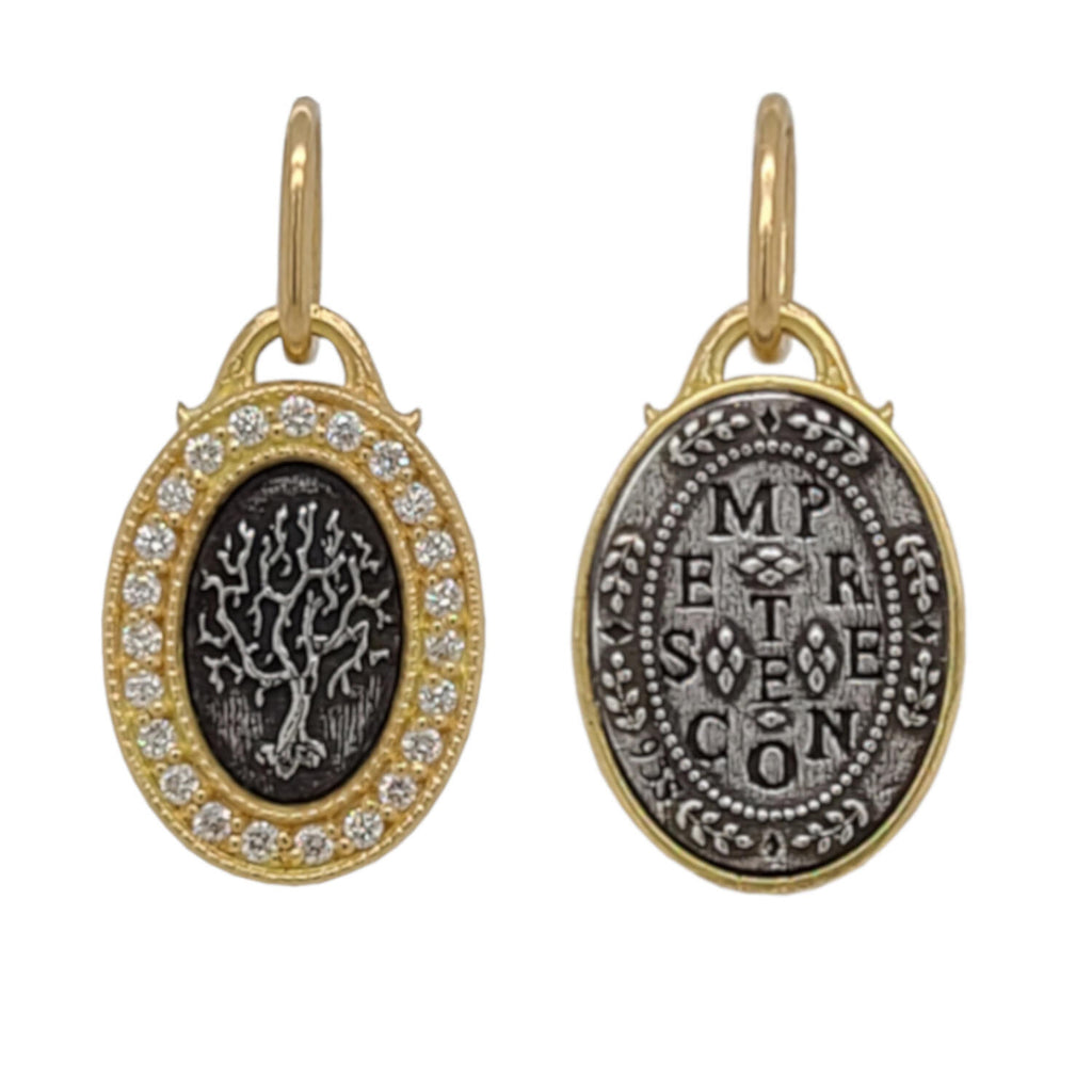 baby oval tree of life double sided charm with white diamond frame .19ct reads "you are always with me" shown in oxidized sterling silver with 18k gold rim & bail #c366a-d