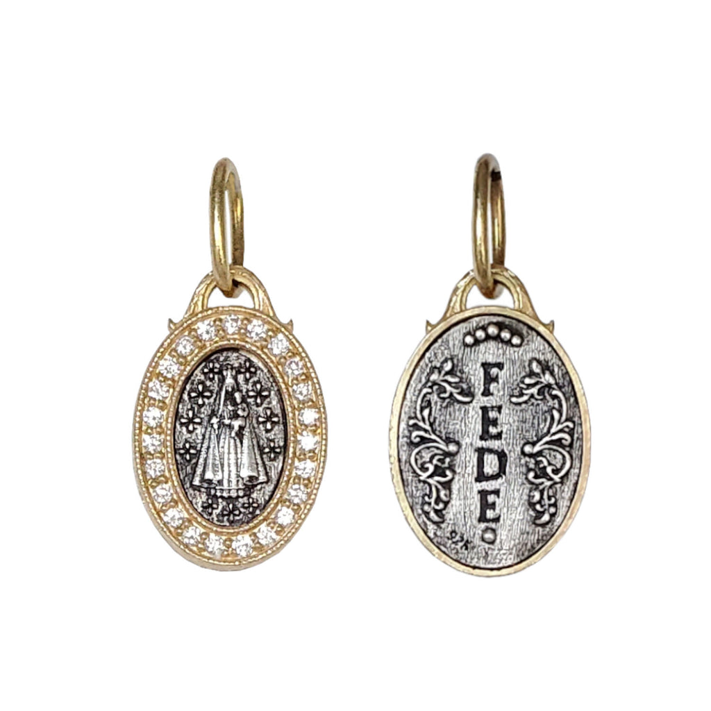 baby oval  Mary Magdalene double sided charm shown with white diamond .19cts frame  charm reads "faith"  item #c366c-d
