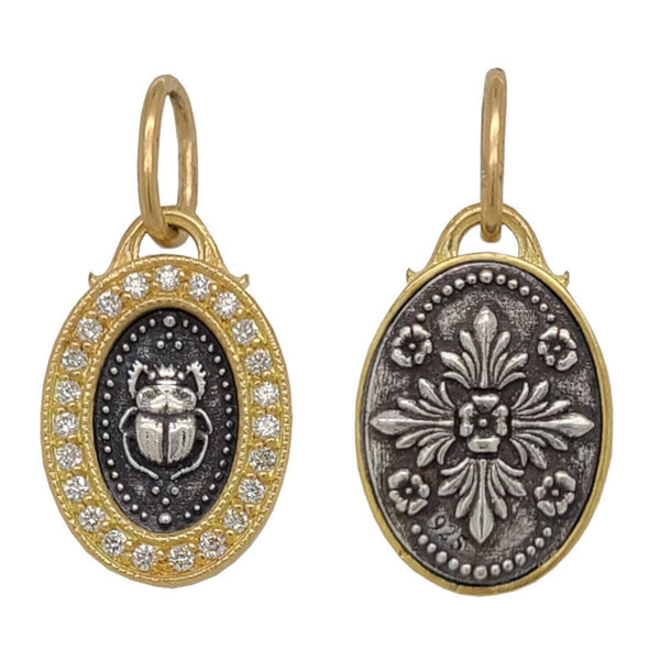 baby oval double sided scarab +flower charm with white diamond .19cts frame shown in oxidized sterling silver with 18k gold frame & bail #c366e-d