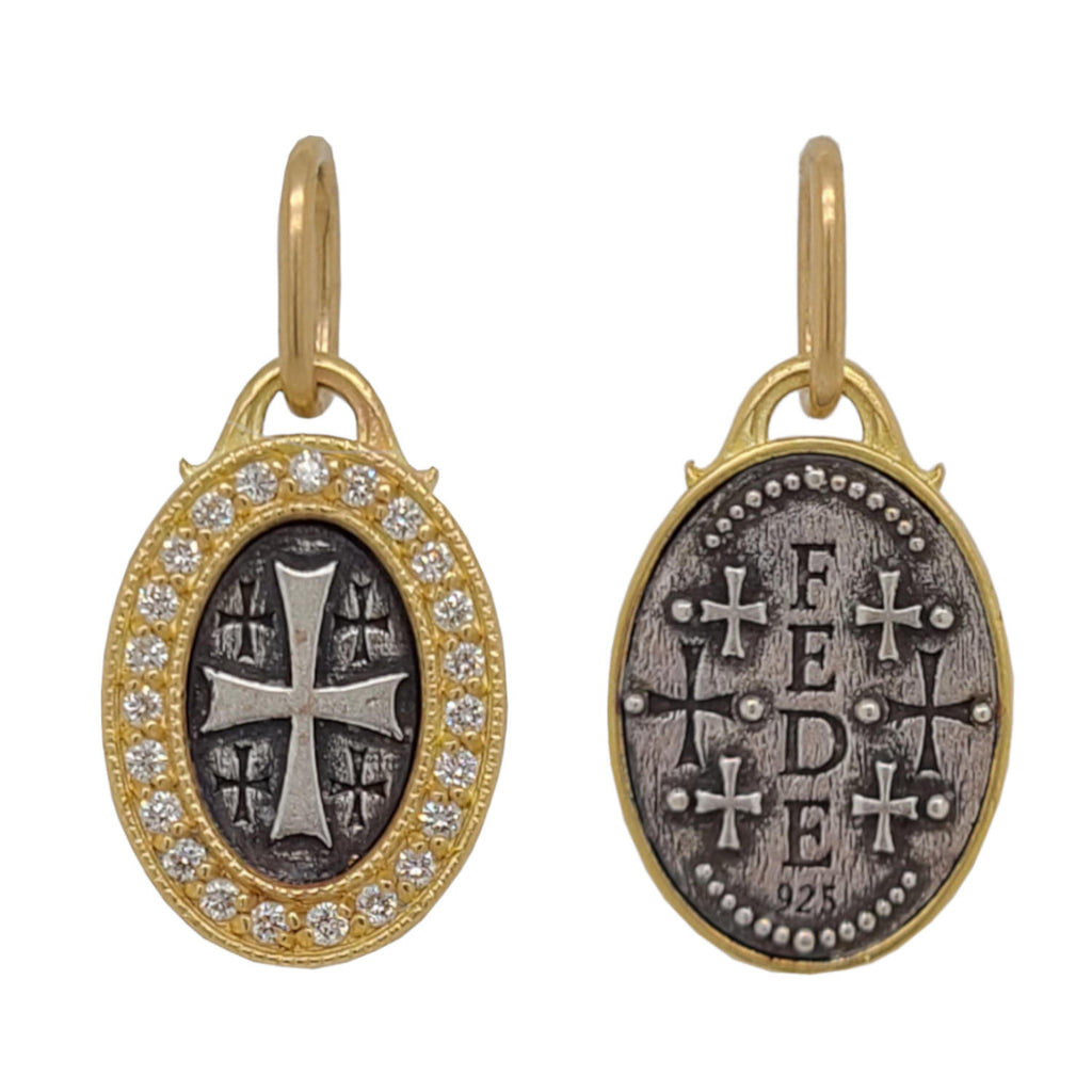 baby oval cross reads "faith" double sided charm with diamonds .19cts shown in oxidized sterling silver with 18k gold frame & bail #c366i-d
