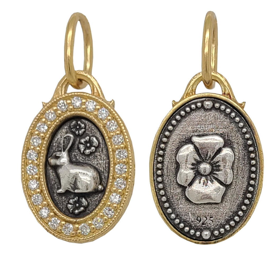 baby oval rabbit + flower double sided charm with diamond frame .19cts shown in oxidized sterling silver with 18k gold fame & bail #c366h-d
