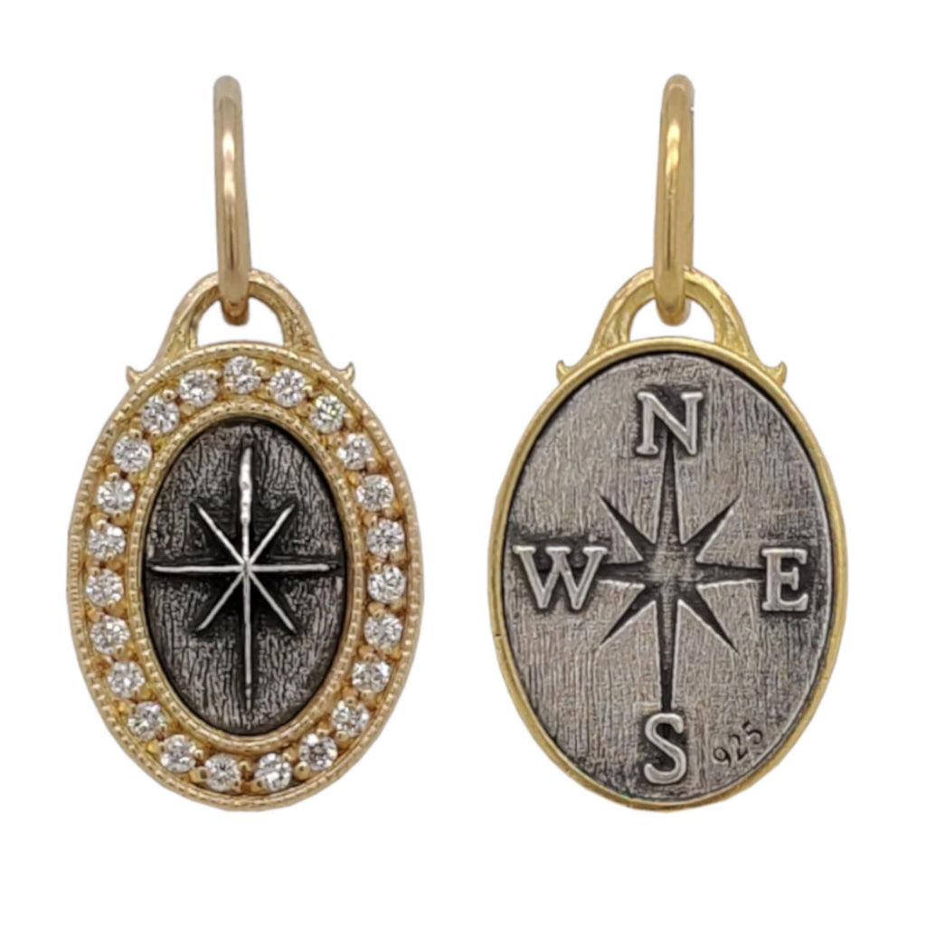baby oval double sided North star + compass charm shown in oxidized sterling silver with 18k gold frame & bail #c366m-d