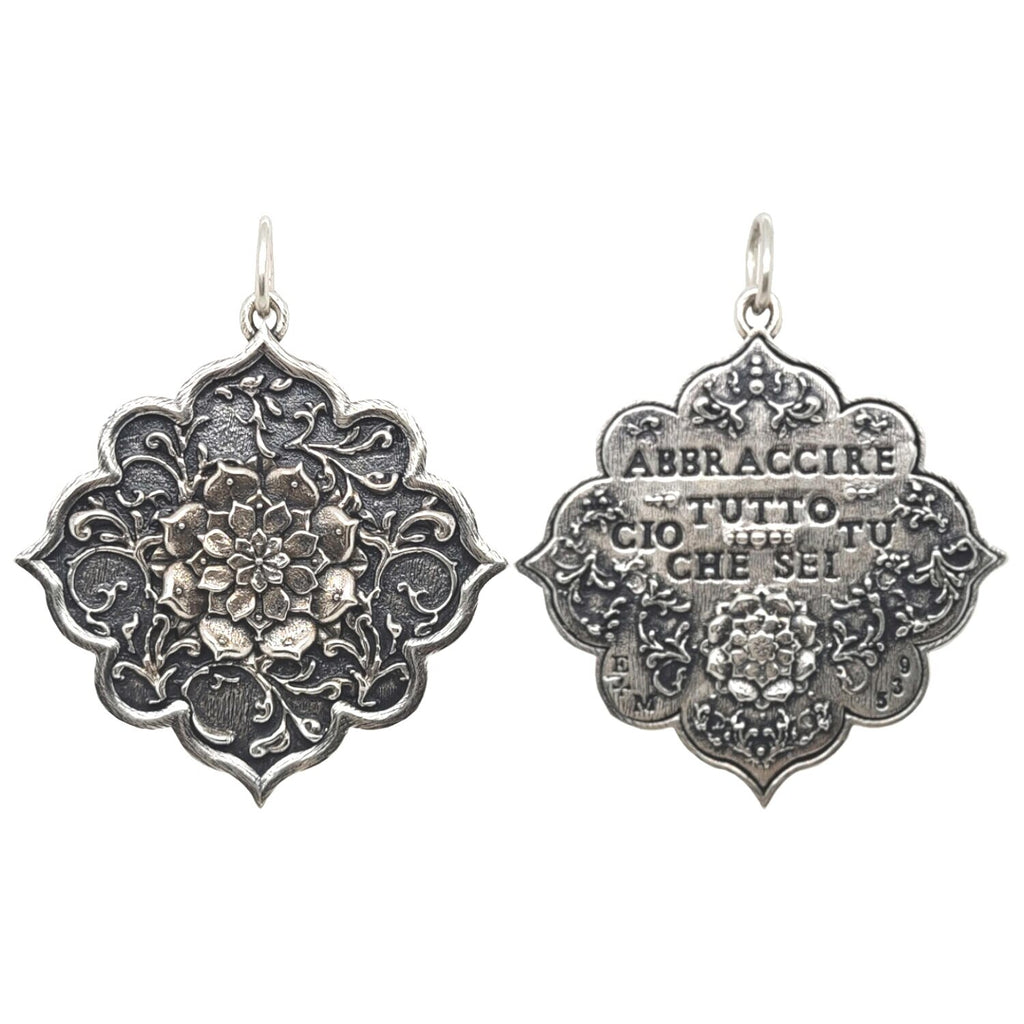 large ornate double sided lotus charm reads "embrace all that you are" shown in oxidized sterling silver #c377-0