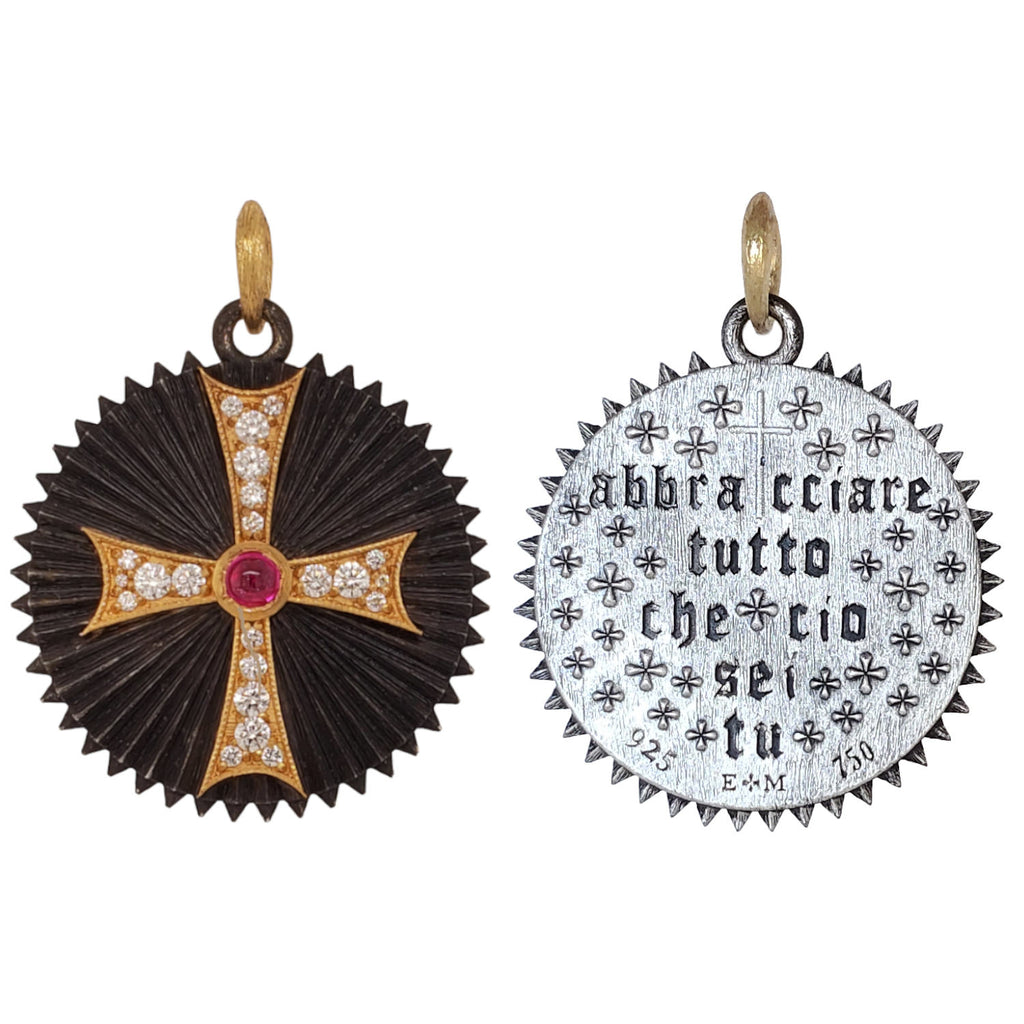 large round DIAMDOND .72cts double sided cross charm reads "embrace all that you are" shown in oxidized sterling silver with 18k gold cross & bail ruby cab center #c380-7