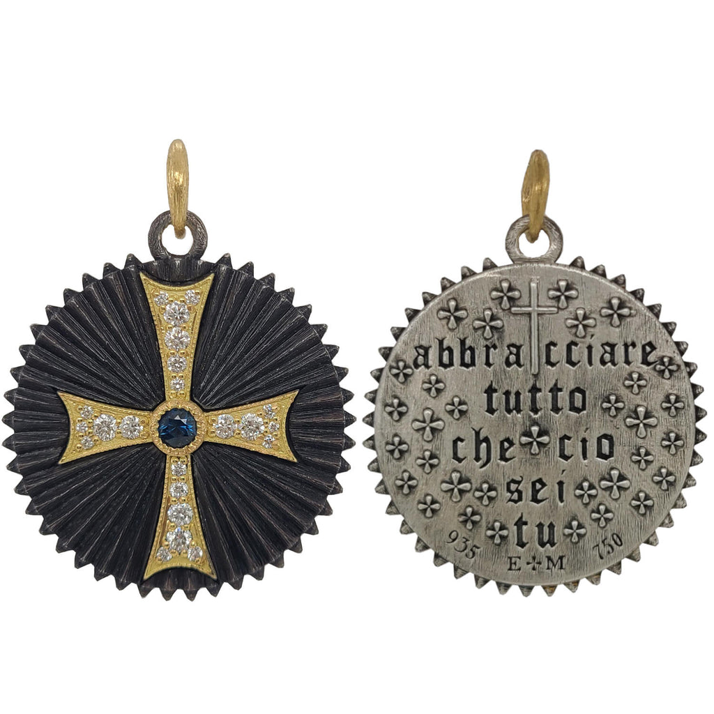 large round DIAMDOND .72cts double sided cross charm reads "embrace all that you are" shown in oxidized sterling silver with 18k gold cross & bail blue sapphire center #c380d