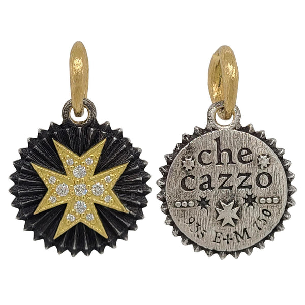 baby round diamond .12cts Maltese double sided charm reads "WTF" shown in oxidized sterling silver with 18k gold cross & bail #c382d