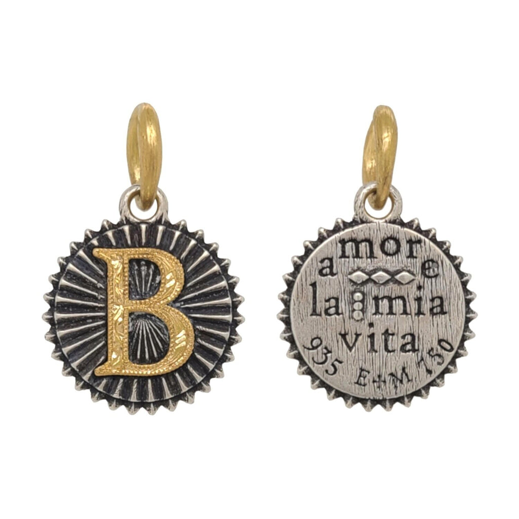 small round HAND engraved double sided initial charm reads "love my life" shown in oxidized sterling silver with 18k gold initial & bail #c383ac-B