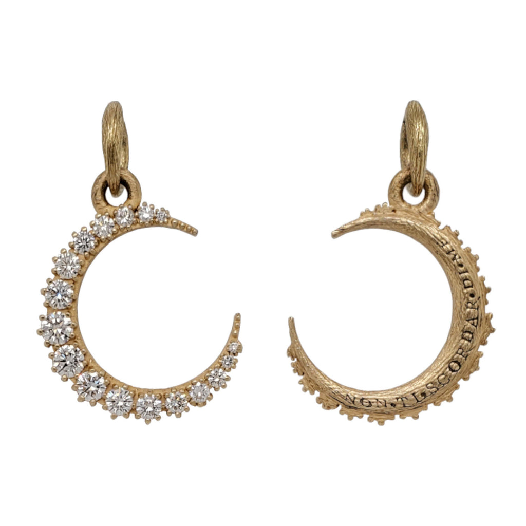 medium pave white diamond .61cts moon charm reads "sweet life" shown in 18k gold #c391-3