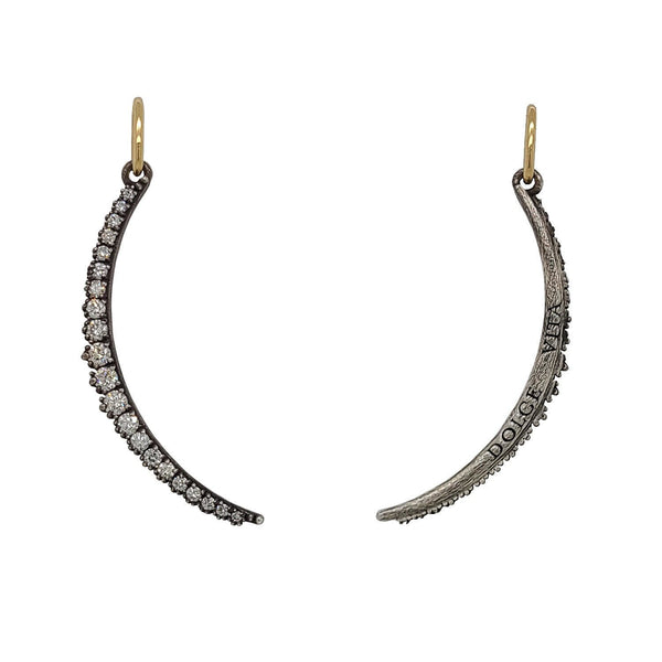 small slim double sided  white diamond .44cts moon charm reads "sweet life". Shown in oxidized sterling silver with 18k gold bail #c392-2