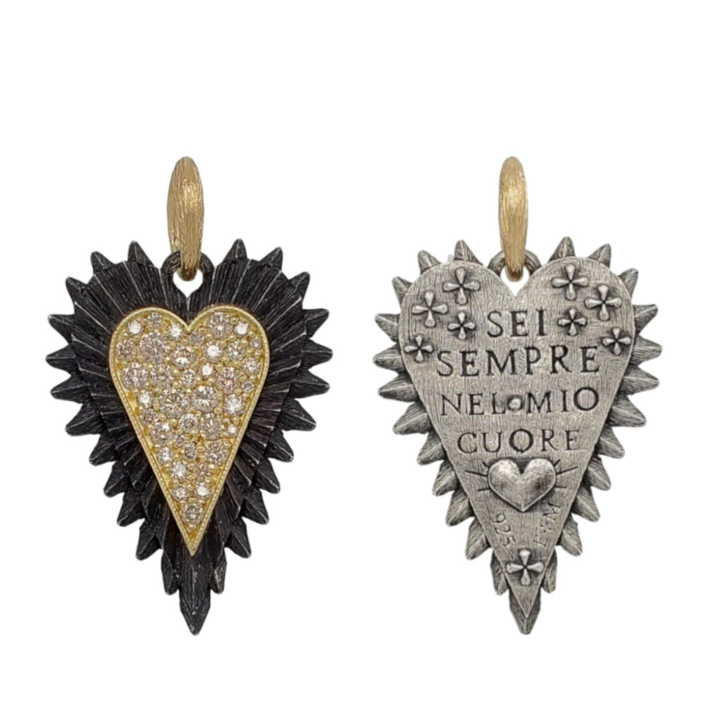 baby double sided pave champagne diamond .66cts heart reads "you are always with me" shown in oxidized sterling silver with 18k gold center heart & bail #c398-5