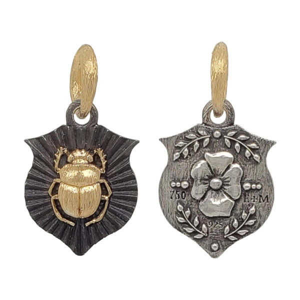 small double sided ruche scarab + flower charm shown in oxidized sterling silver with 18k gold scarab & bail #c412c