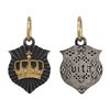 small double sided ruche shield + crown charm reads "life" shown in oxidized sterling silver with 18k gold crown & bail #c413c
