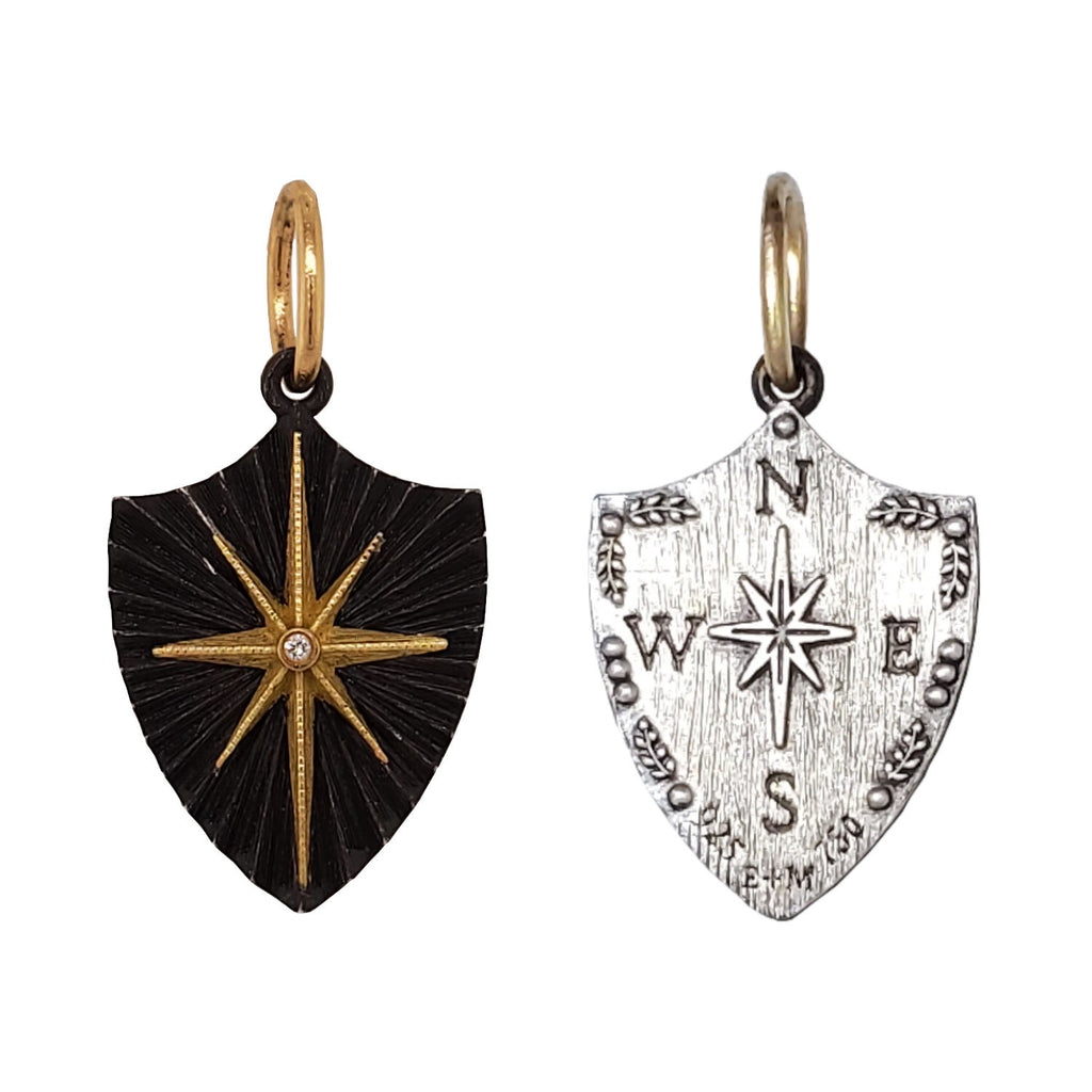 baby diamond cross ruche North star double sided charm in oxidized sterling silver with 18k gold star & bail #c418d