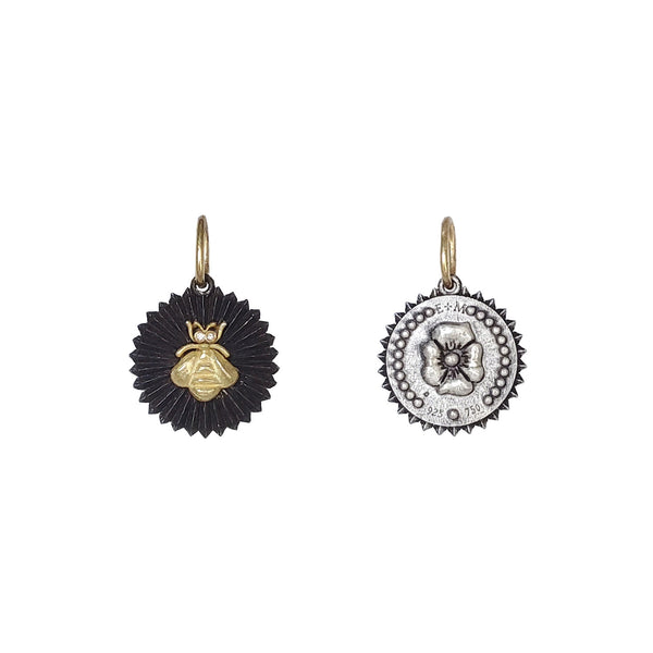 baby round double sided ruche bee + flower charm with white diamond .01cts eyes shown in oxidized sterling silver with 18k gold bee & bail #c419d
