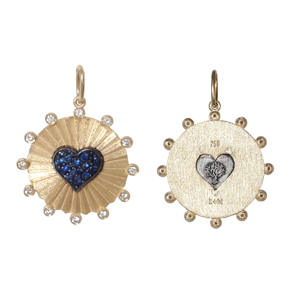 round ruche double sided blue sapphire .67cts heart & tree charm shown in 18k gold with oxidized sterling silver heart & diamond dots item #c433-4