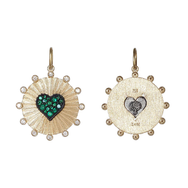 round ruche double sided emeralds .67cts heart & tree charm shown in 18k gold with oxidized sterling silver heart & diamond dots item #c433-5