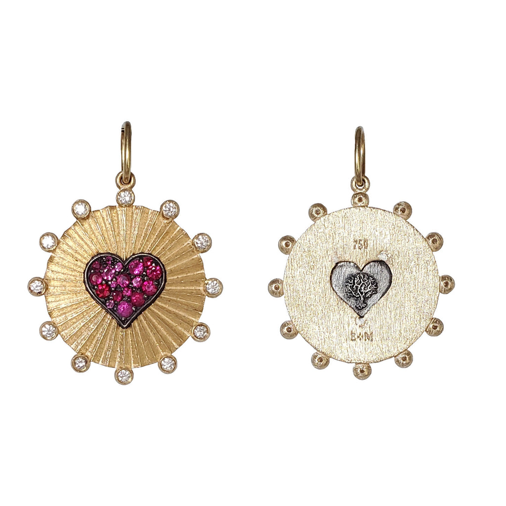 round ruche double sided pink sapphires .67cts heart & tree charm shown in 18k gold with oxidized sterling silver heart & diamond dots item #c433-6
