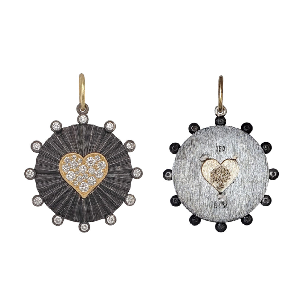 round ruche double sided pave diamond  .67cts heart & tree charm shown in oxidized sterling silver  with 18k gold  heart & diamond dots item #c433dx
