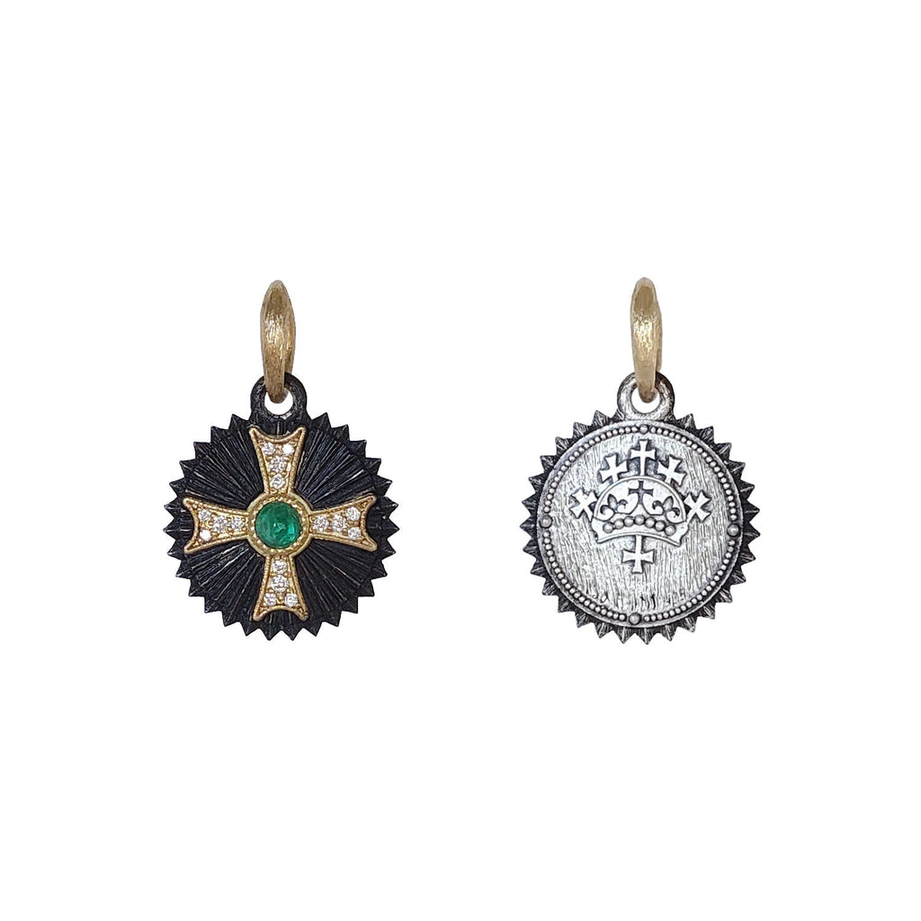 small round ruche double sided diamond & emerald cross & crown charm shown in oxidized sterling silver w/18k cross & bail item #c434-5