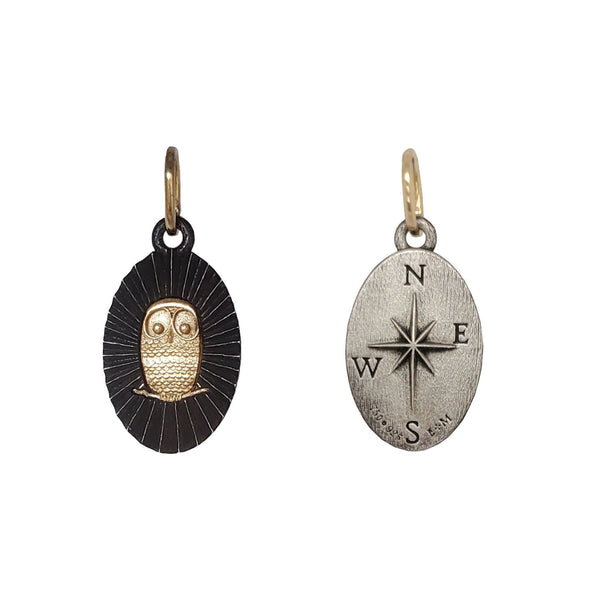 small oval double sided ruche owl & North star charm shown in oxidized sterling silver with 18k owl & bail item #c453c