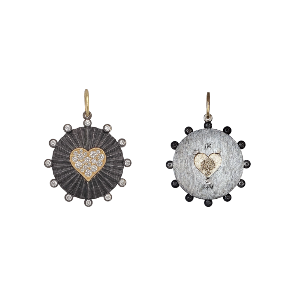 round baby double sided ruche diamond .62cts mini heart charm shown in oxidized sterling silver w/18k heart & bail item #c440dx