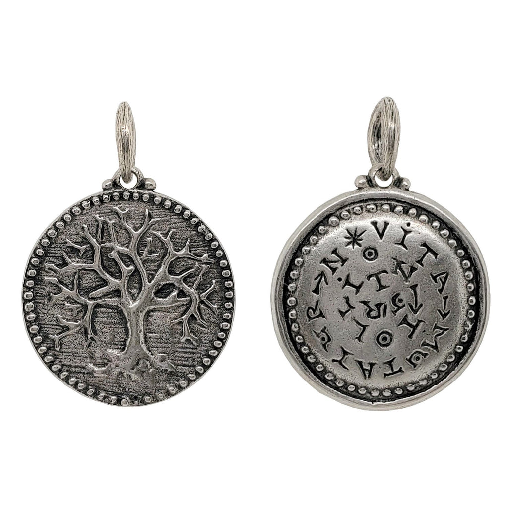 tree of life double sided charm shown in oxidized sterling sliver reads "life is changed not taken away" #co11-0