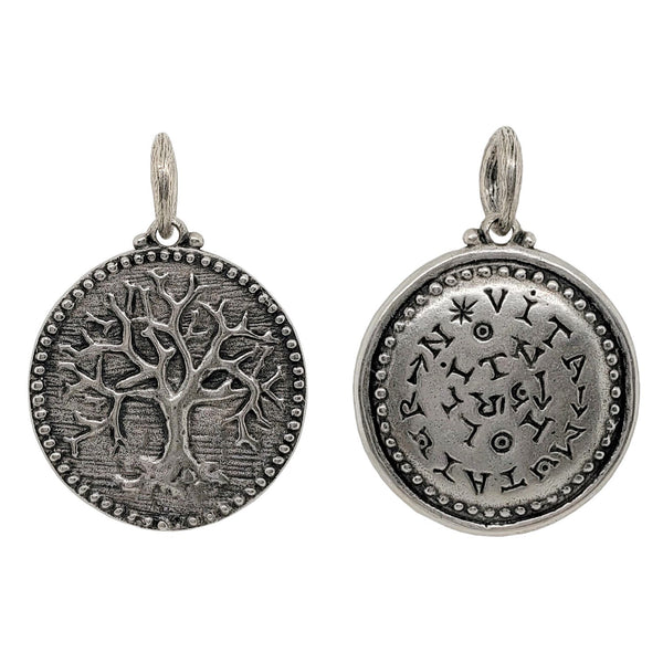 tree of life double sided charm shown in oxidized sterling sliver reads "life is changed not taken away" #co11-0