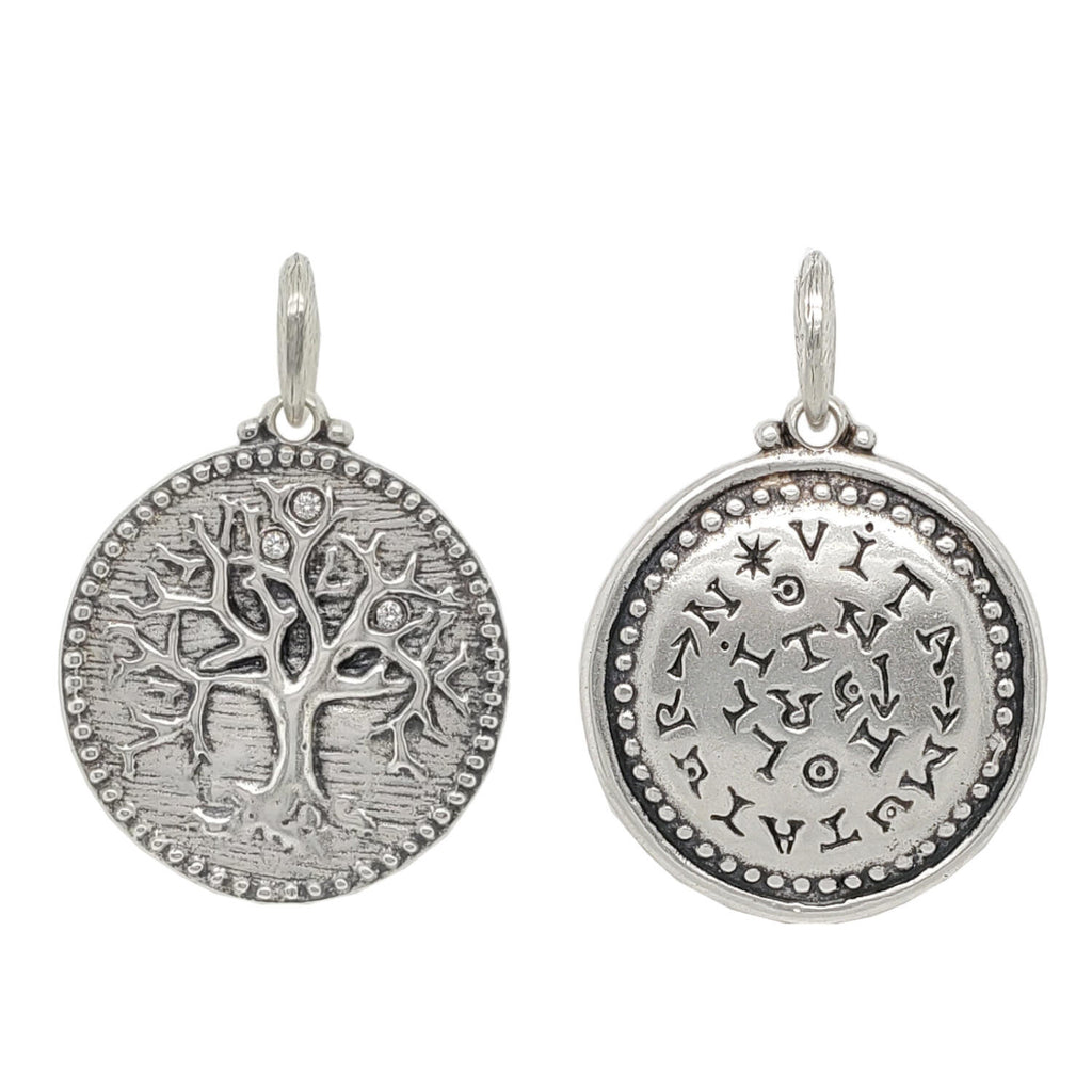 tree of life double sided charm shown with (3) white diamonds  .06cts set in tree in oxidized sterling sliver reads "life is changed not taken away" #co11-8