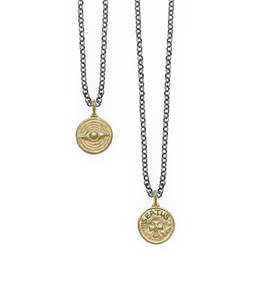 double sided charm shown in 14k gold reads "the blessed one" #co12-1