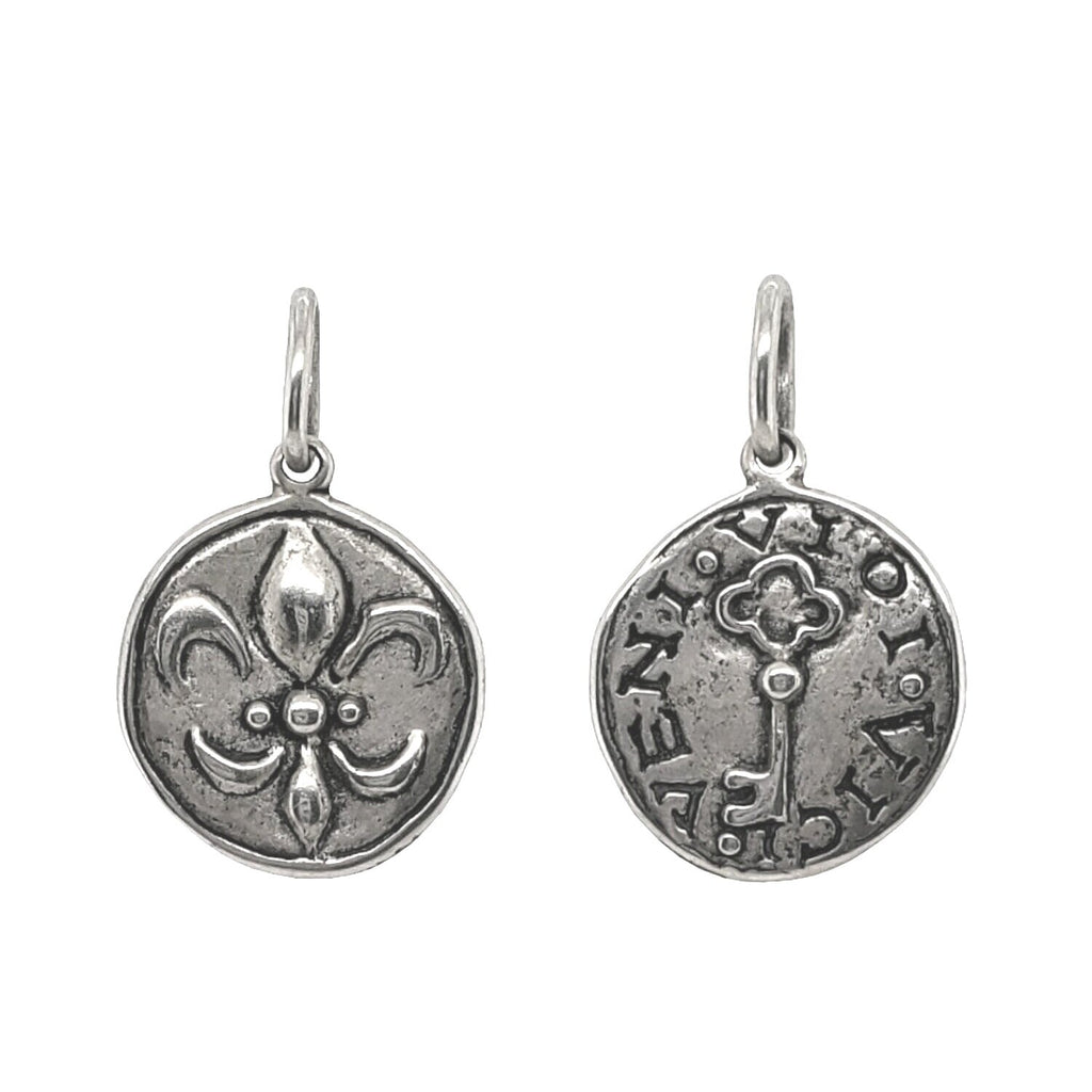 FDL + key double sided charm shown in oxidized sterling silver reads "I came, I saw, I conquered" #co13-0