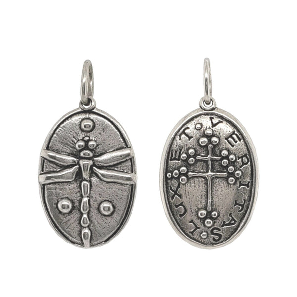 dragonfly + Greek Orthodox cross double sided charm reads "light & truth" in oxidized sterling silver #co15-0
