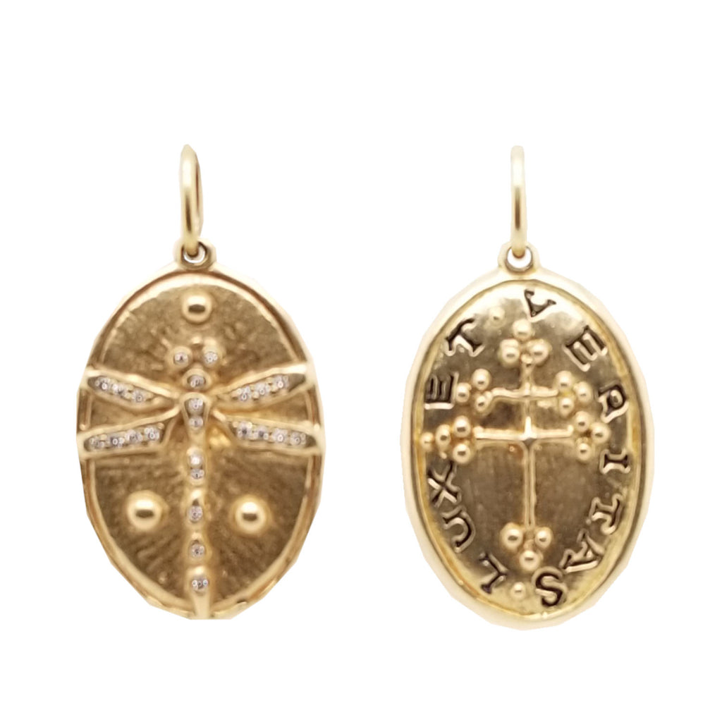 dragonfly + Greek Orthodox cross with diamond dragonfly body .12cts double sided charm reads "light & truth" in 14k gold #co15-3