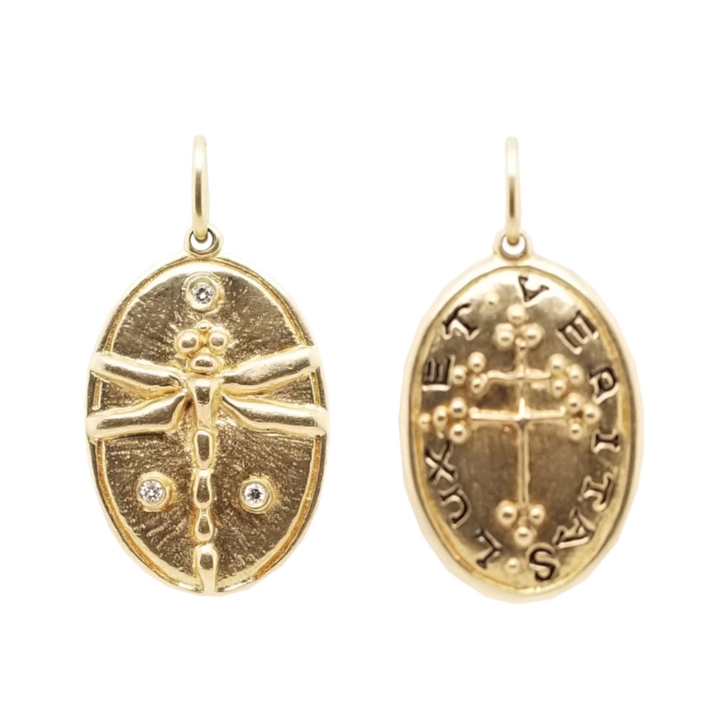dragonfly + Greek Orthodox cross with diamond dots (3) .045cts  double sided charm reads "light & truth" in 14k gold #co15-5