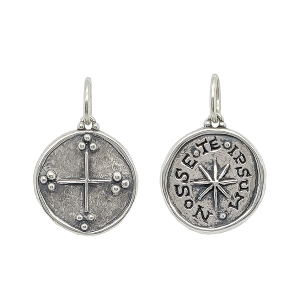 Christian cross + star double sided charm reads "know thyself" shown in oxidized sterling silver #co2-0