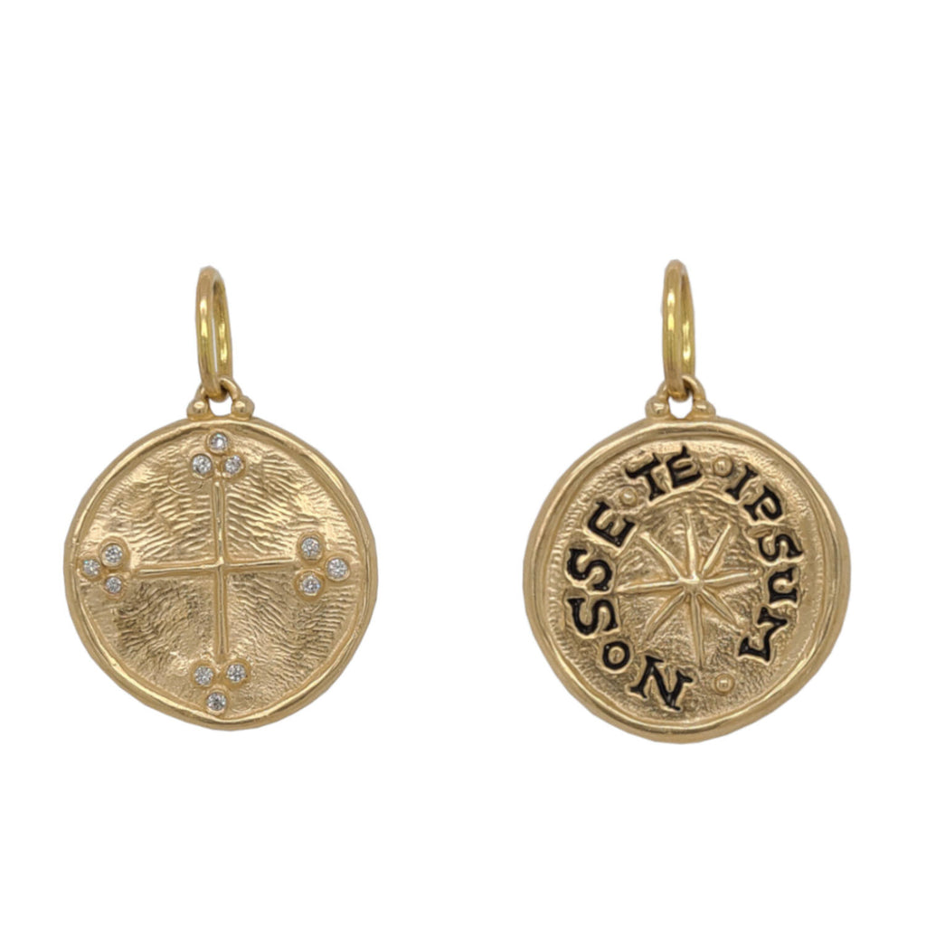 Christian cross + star double sided charm with white diamonds .06cts on cross tips reads "know thyself" Shown in 14k gold #co2-3