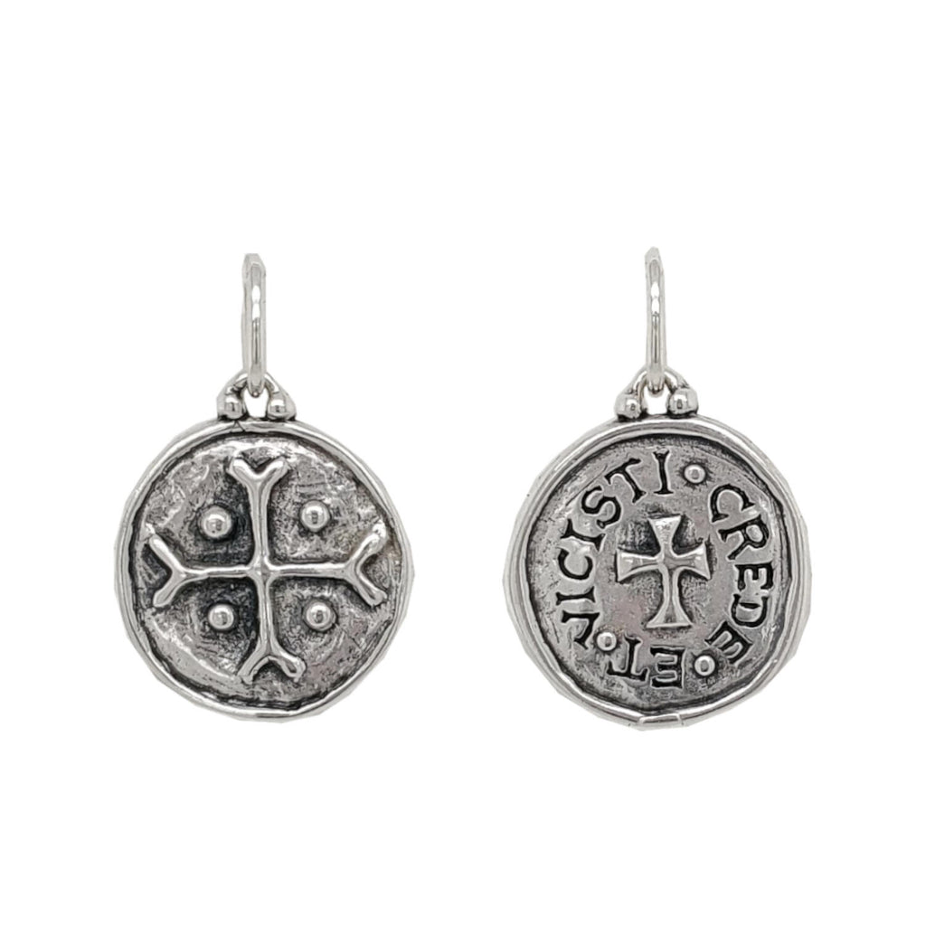 double cross charm inoxidized sterling silver reads "believe & thou hast conquered" #co3-0