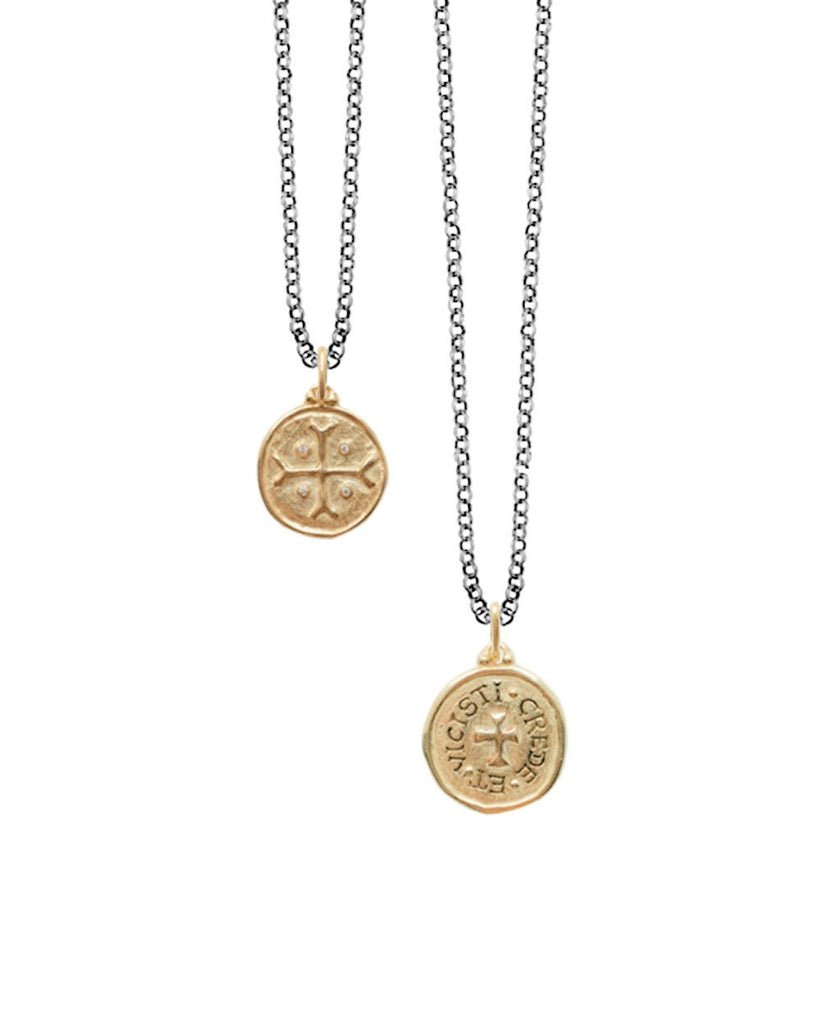 double cross with diamond dots .02cts shown in 14k gold double sided charm reads "believe & thou hast conquered" #co3-3