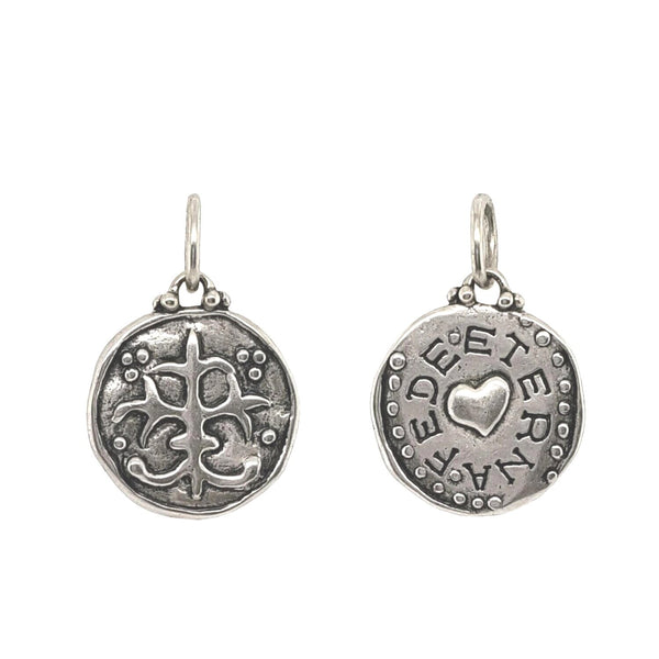 cross + heart double sided charm reads "forever faithful" in oxidized sterling silver #co4-0