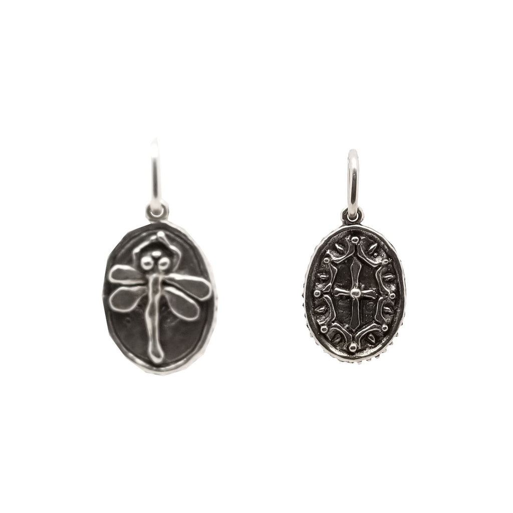 baby dragonfly double sided charm shown in oxidized sterling silver #co45-0