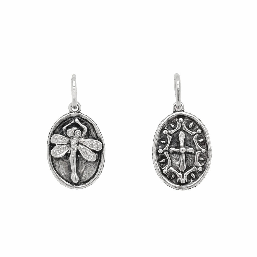 baby dragonfly double sided charm with white diamonds .085cts on wings  shown in oxidized sterling silver  #co45-2