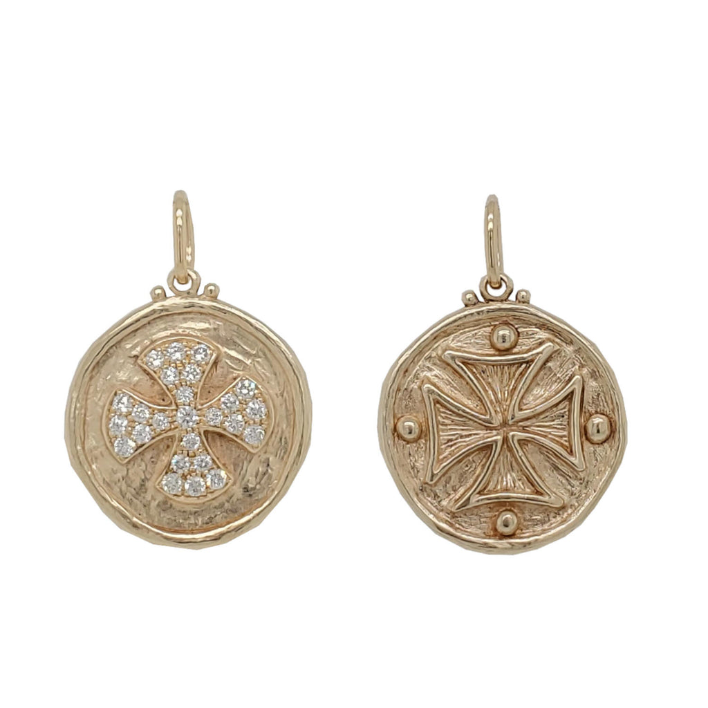 double Maltese cross charm with pave white diamonds  .31cts  shown  in 14k gold #co49-5