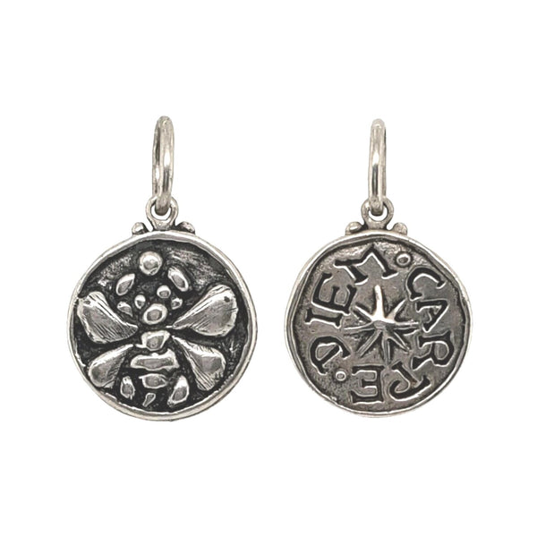 bee + star double sided charm in oxidized sterling silver reads "seize the day" #co5-0 