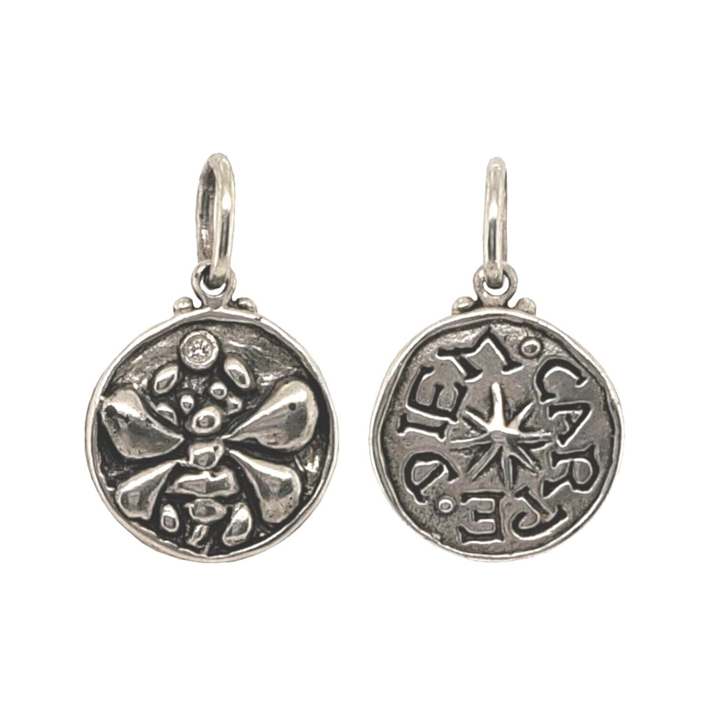 bee + star double sided charm  in oxidized sterling silver with white diamond dot on bee side reads "seize the day" #co5-2