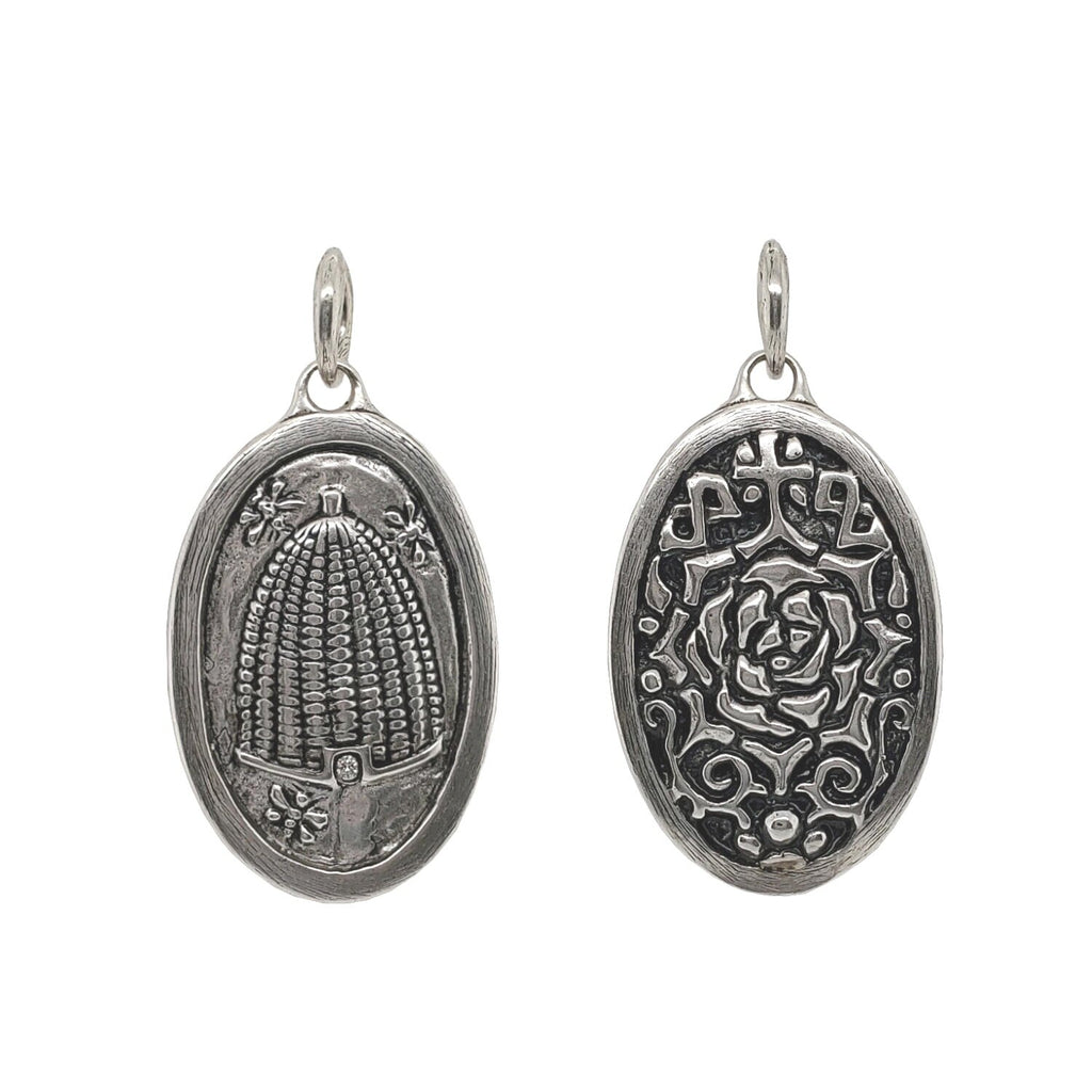 beehive + rose double sided oxidized sterling sliver charm with white diamond in door .02cts #co50-2