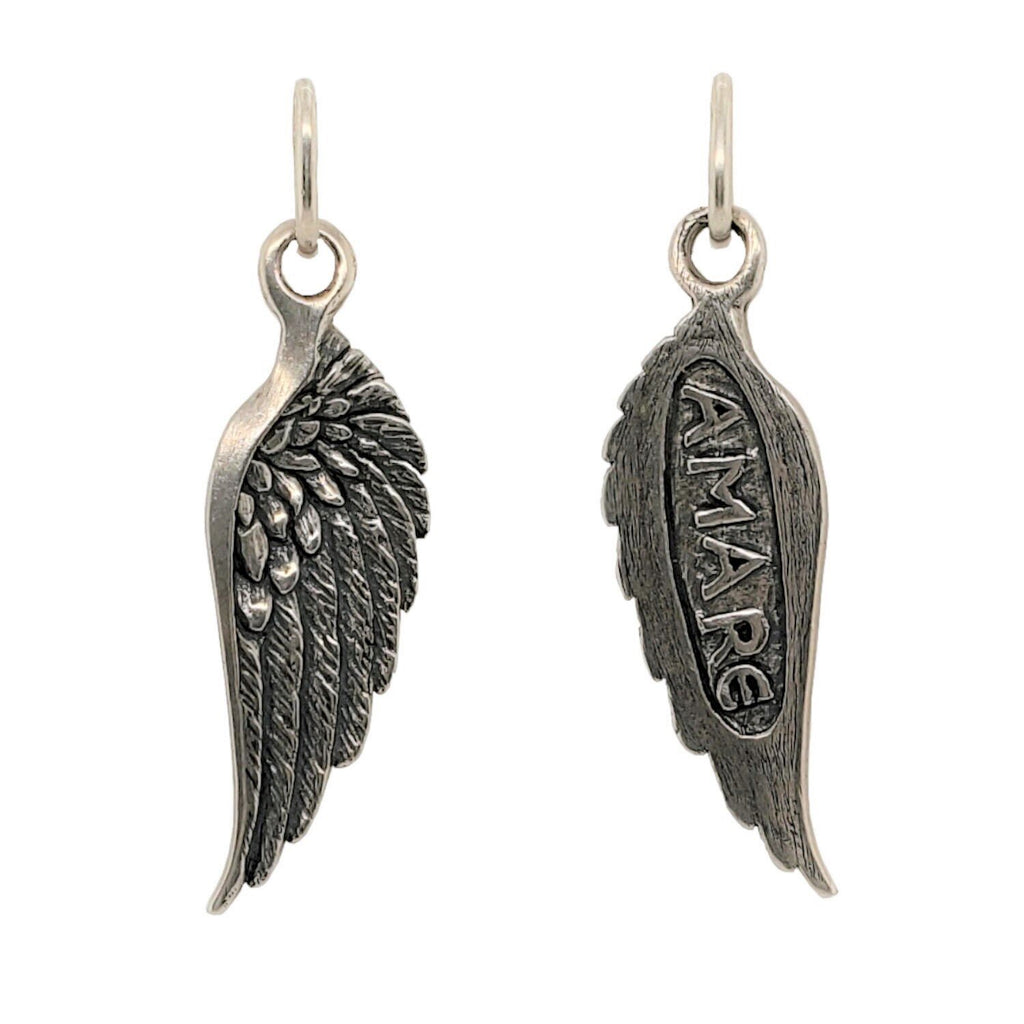 large feathered double sided wing shown in oxidized sterling silver reads "love" #co64-0