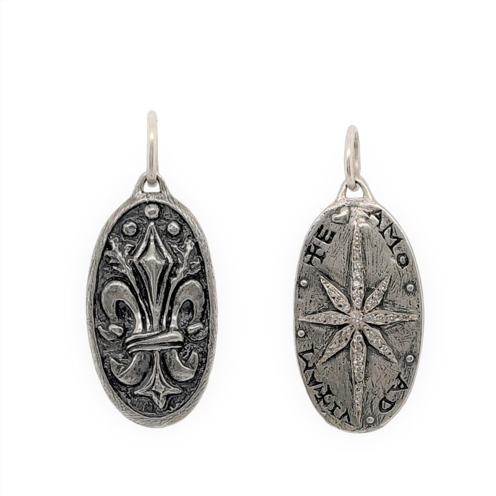 FDL + North Star shown in oxidized sterling silver reads "for life" & "I love you" shown with white diamond star .075cts double sided #co66-2