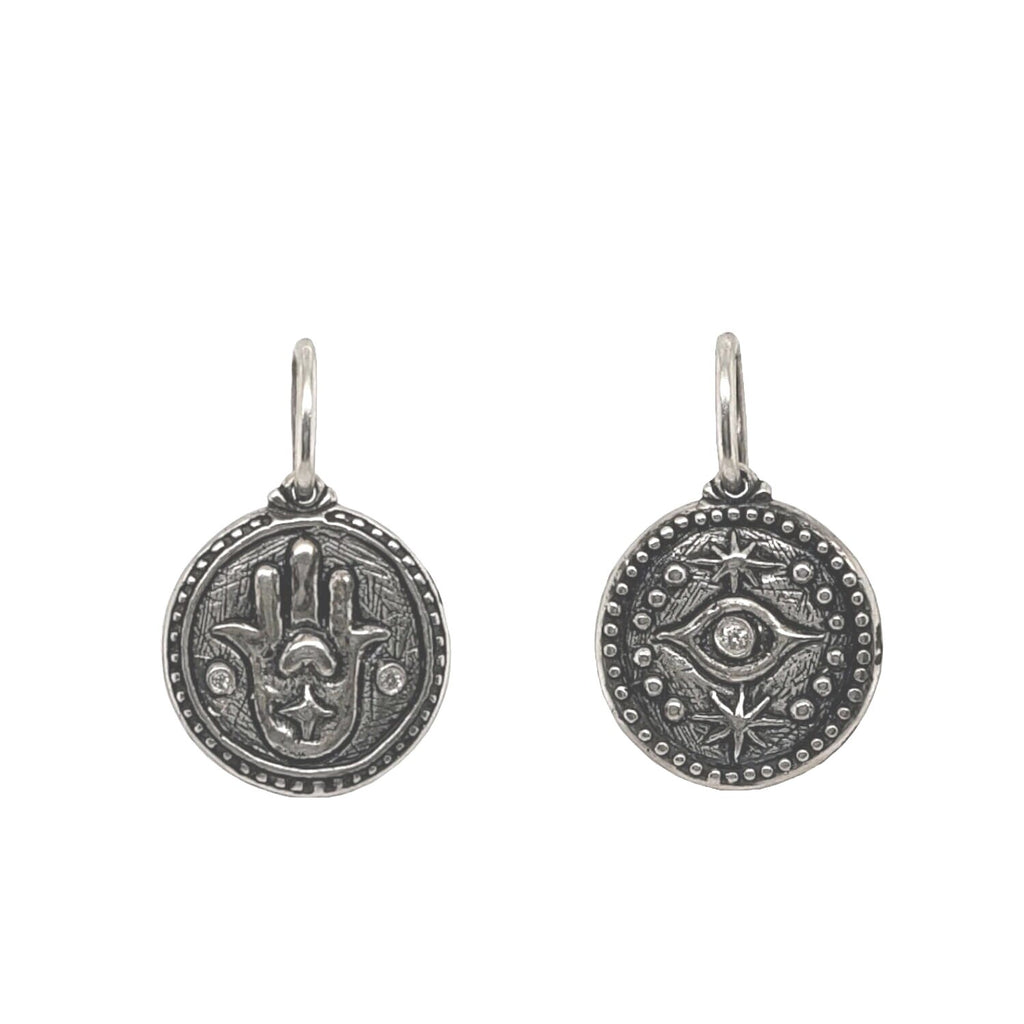 evil eye + hamsa double sided charm shown in oxidized sterling silver with white diamond .014cts dots on front & back  #co69-2