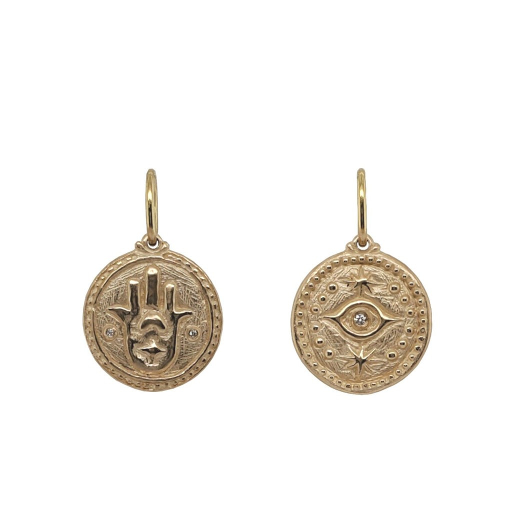 evil eye + hamsa double sided charm  shown in 14k gold with white diamond .014cts dots on front & back #co69-3
