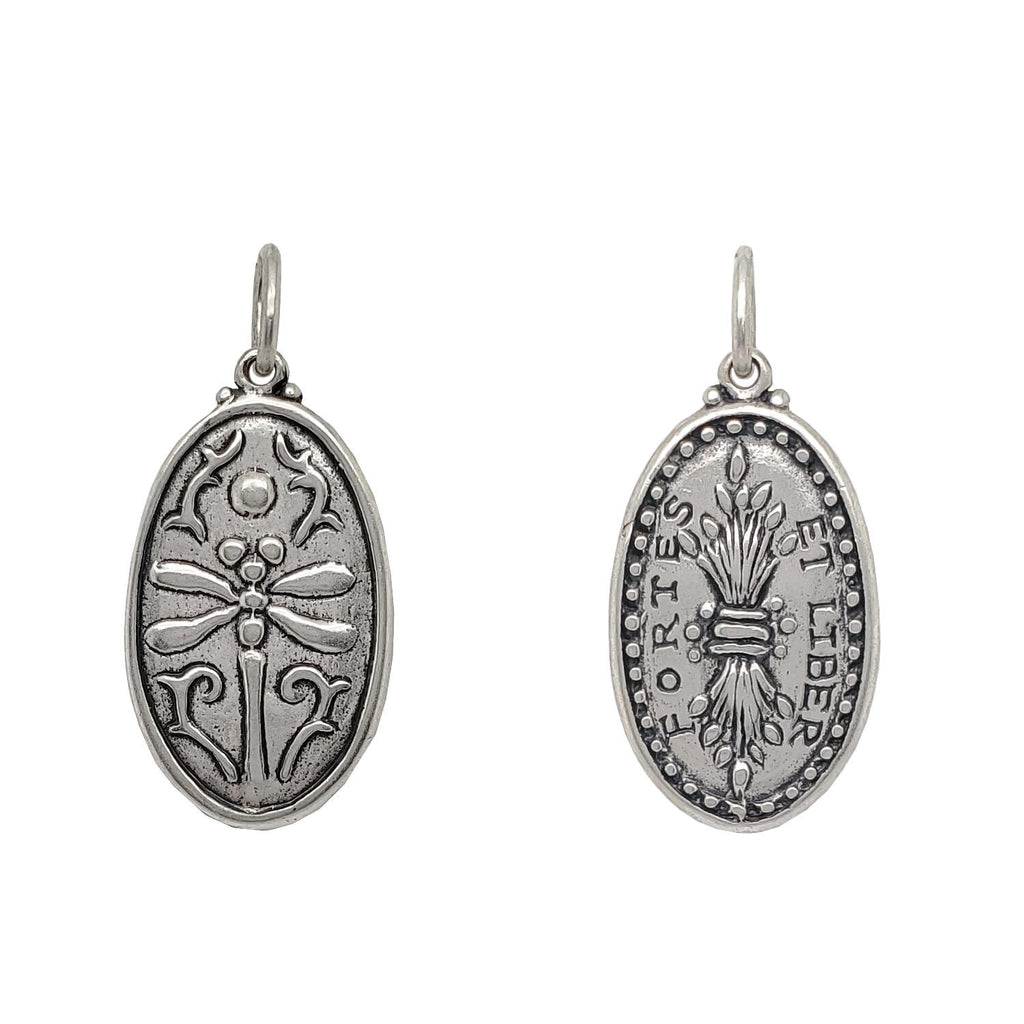 dragonfly + wheat double sided charm reads "strong & free" shown in oxidized sterling silver #co71-0