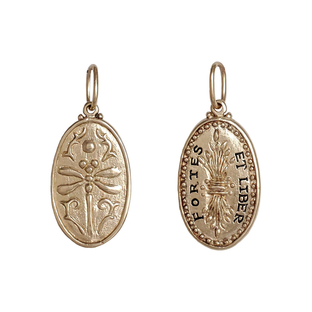 dragonfly + wheat double sided charm reads "strong & free" shown in 14k gold #co71-1